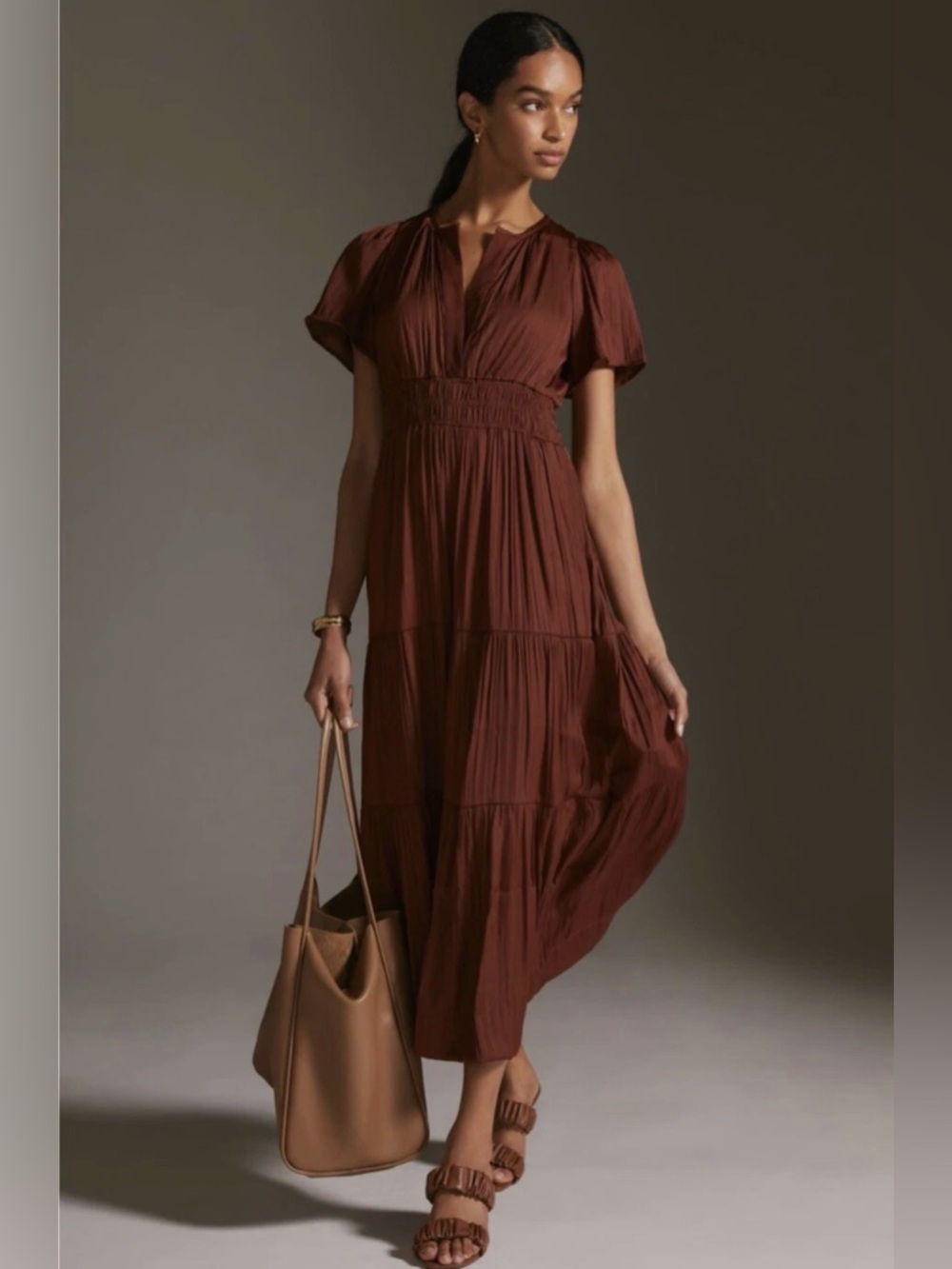 Anthropologie Somerset brown satin maxi dress